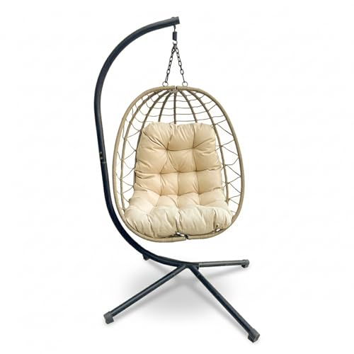 YOEVU - Silla Colgante con Soporte y Cojín Acolchado – Tipo Columpio Estilo Boho, Estructura Reforzada, Resistente al Agua, para Jardín, Terraza, Balcón o Interior, Confort y Diseño (Natural)