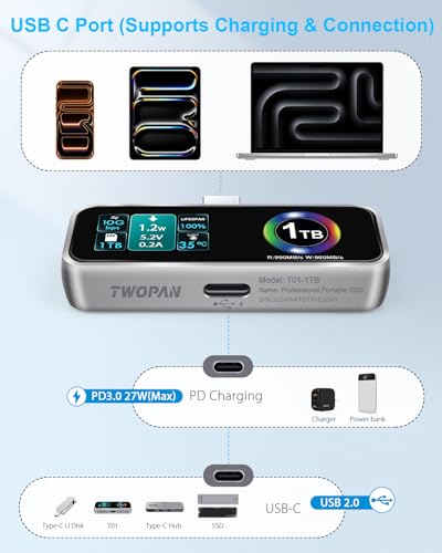 Image of TWOPAN Magnetic Portable iPhone SSD for ProRes 4K 60fps Video, 1TB External Hard Drive Super Storage for iPhone 17 /16 /15 Pro /Pro Max, iMac /MacBook, LCD Display, USB-C PD 3.0 Port, Built-in Cooling Fan