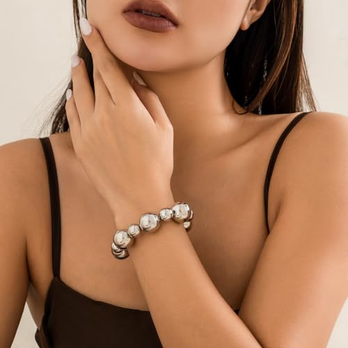 Gold Beaded Bracelet for Women Big Round Ball Beaded Elastic Bracelet Chunky Gold Bracelets Adjustable Stretch Strand Bracelets Fashion Dainty Jewelry Gift for Women2