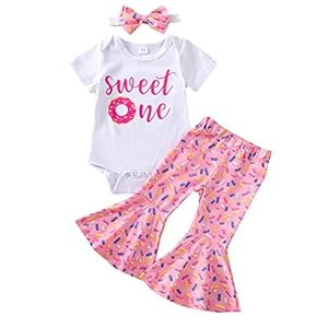 Lamuusaa Toddler Baby Girls Birthday Outfits Sweet One/Two Sweet Romper Shirts Doughnut Shorts/Flared Pants Headband Set