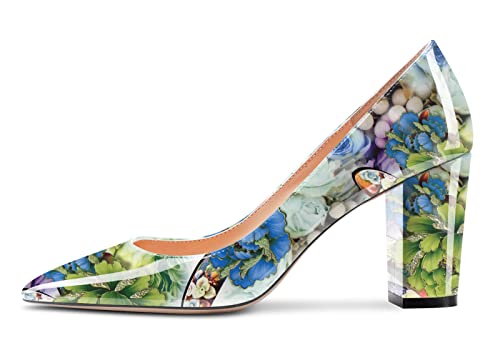 HEUIVZAR Women Pumps Pointed Toe Block Chunky Mid Heel Slip-on Dress Shoes Patent 3 Inch2