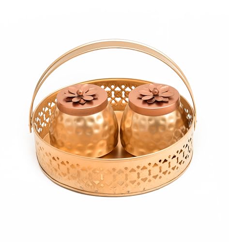 Image of Sanvatsar Square Shape Metal Basket with Jar Tray 4 Copper Flower Container Dry Fruits Chocolate Sweets Candys Gifts Set for Office, Home Decor Table Decoration Item (Pack o2 Round)
