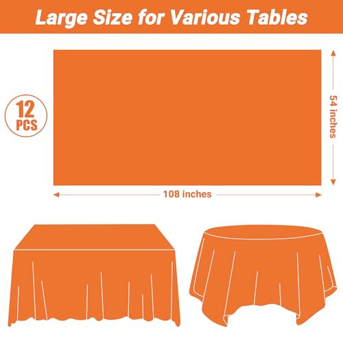 Image of QZYL 12 PCS Orange Rectangle Table Cover, Disposable Plastic Table Cloth Rectangle, 54 X 108 in Decorative Smooth Table Cloth for Picnic Table Birthday Parties Weddings Outdoor Celebrations