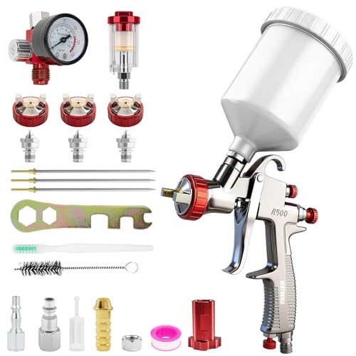 BENTOHKLE R500 LVLP Air Spray Gun Car Paint Sprayer with 1.3/1.5/1.7mm Nozzles & Air Regulator Automotive R500 Paint Gun Sprayer for House Painting Car Furniture