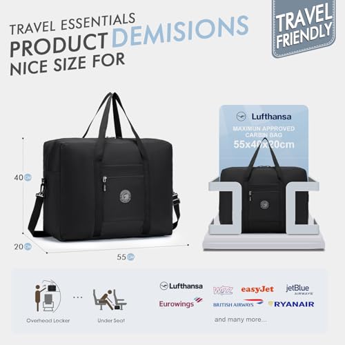 BAGZY Handgepäck Tasche 55x40x20 Faltbar für TUI Airways Lufthansa Ryanair, 45L Groß Reisetasche Flugzeug Leicht Wasserdicht Sporttasche Gym Duffle Bag für Weekender Krankenhaustasche Herren & Damen