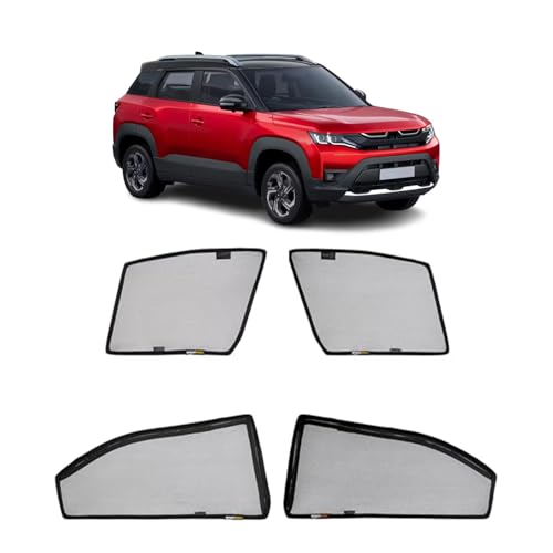 Image of Amazon Basics Side Window Sun Shade for Maruti Suzuki Brezza (2022 Onwards) - Front Half Cut + Rear Zipper | Custom-Fit Magnetic Car Curtains | Black | Pack of 4 Pcs | Cotton Mesh