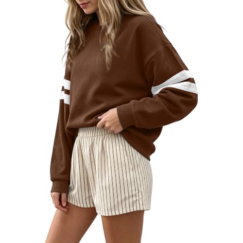 Oversized Crewneck Sweatshirt Women Varsity Striped Drop Shoulder Pullover - image 4