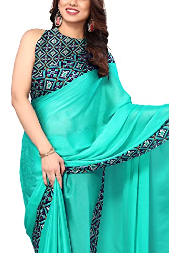 Image of MIRCHI FASHION Saree for Woman Chiffon Georgette Polka Dot Border | Plain Lightweight Women's Sari with Printed Pallu and Blouse Piece