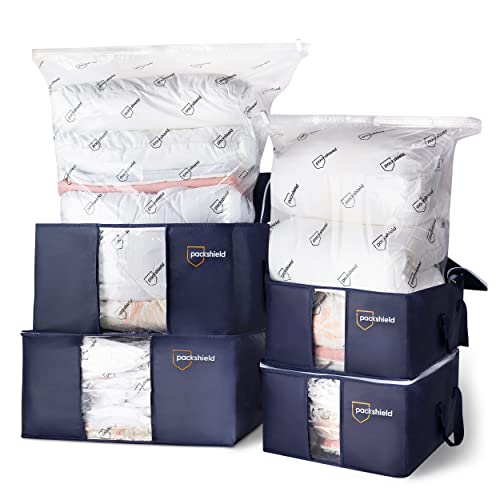 Kit de rangement compact PackShield - 4 Housses et 4 Sacs Sous Vide - Compression avec aspirateur - Grande capacité XXL - Protégez et Transportez Duvets Couettes Oreillers Vêtements