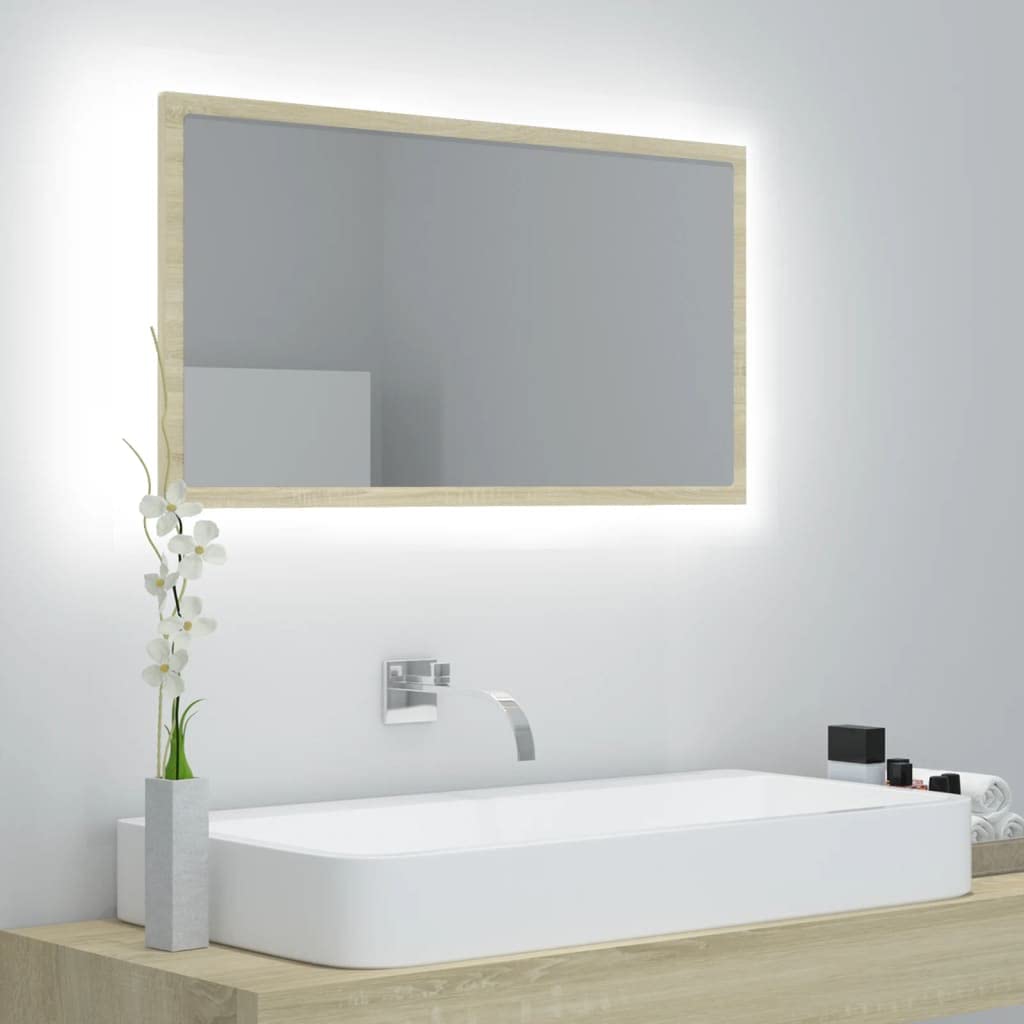 Lustro łazienkowe LED, dąb Sonoma, 80 x 8,5 x 37 cm, akryl z lampą RGB, lustro ścienne, wiszące i stojące, nowoczesne meble łazienkowe, zajmuje mało miejsca, nadaje się do umywalki