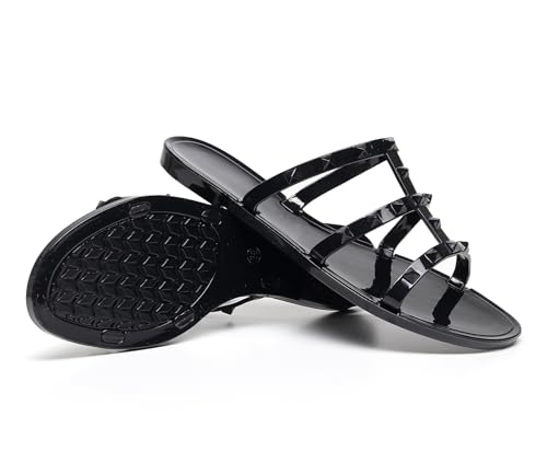 Image of Women Flats Sandals, Studded Jelly Shoes Size 9 Red Dressy Summer Beach Rivets Strappy Jellies Slide Slip On Open Toes