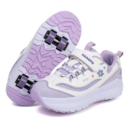 Surwin Zapatillas con Ruedas Niña, Flores Bordadas Cuatro Ruedas Zapatos de Niños con Ruedas Traseras Retráctiles, Zapatillas de Skateboard Zapatos de Skate Roller Skate Shoes Sneakers (Morado,33)