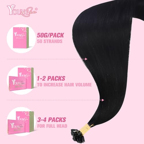 Image of YoungSee Keratin Hair Extensions Ktip Jet Black 20inch Remy Hair Extensions K Tip Jet Black K Tips Hair Extensions Real Human Hair Jet Black Fusion Hair Extensions Human Hair Remy 50s /50g