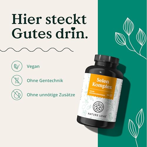 NATURE LOVE® Selen Komplex - Hochdosiert: 200µg Selen je Kapsel - 365 Kapseln - Schilddrüse* - Natriumselenit, L-Selenmethionin, Selenhefe - laborgeprüft, in Deutschland produziert