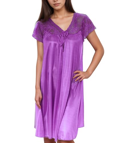 YafeMarte Nightgown for Women with Cap Sleeves Silky Feeling and Floral Lace Design, Purple 2X-Large