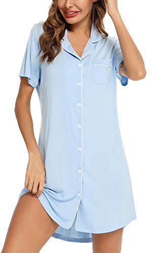 Image of Samring Pajama Nightgown for Women Short Sleeve Button Down Boyfriend Night Gown Nightdress Sleep Shirts