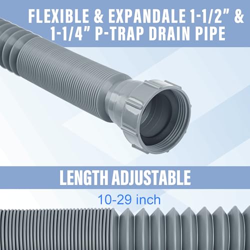 1-1/2\" & 1-1/4\" Flexible Kitchen Sink Drain Kit, Adjustable Bathroom P-Trap Sink Drain Pipe, Kitchen Garbage Disposal 10-29 Inch (1)