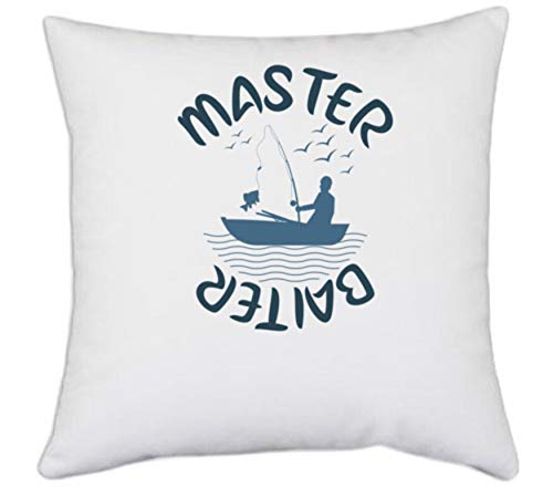 UDNAG White Polyester 'Fishing | Master Baiter' Pillow Cover [16 Inch X 16 Inch]