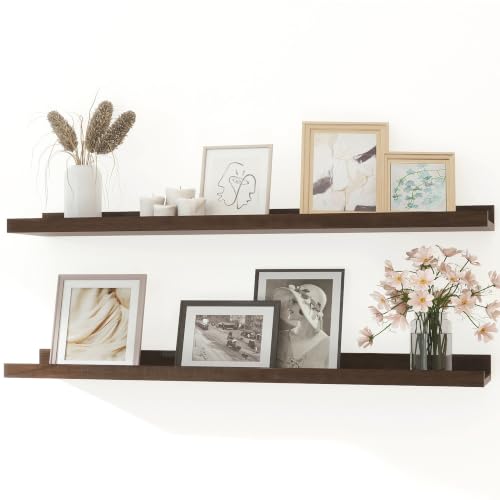 Image of Walnut Floating Shelves for Wall Decor, 40 in Shelf with Lip, 2 Set | 4.5 inch Deep Display Picture Ledge Shelf, Long Wall Mounted Storage Shelves for Bedroom, Bathroom, Living Room, Kitchen, Nursery