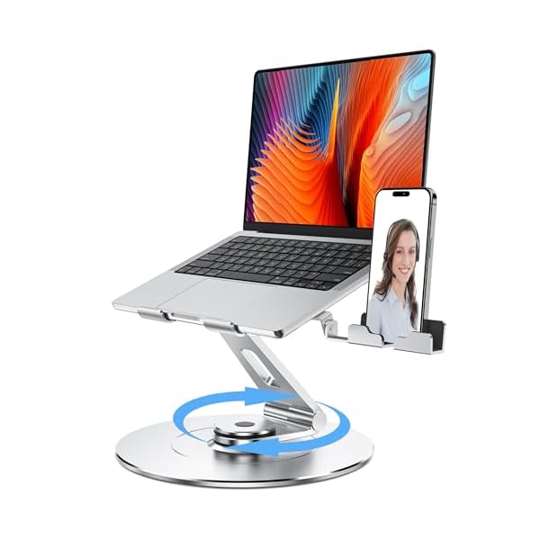LOXP Ultra-Stable Aluminumy Swivel Laptop Stand for Desk with Rotating Foldable Phone Holder, 300% Large Base Stability, Anti-Loosening Structure, Suitable for 10'-17.3' Laptops