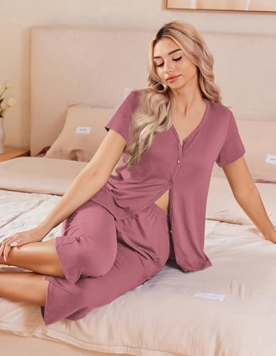 Image of Ekouaer Women's Pajama Sets Short Sleeve Sleepwear Button Up Pj Loungewear Top and Capri Pants with Pockets