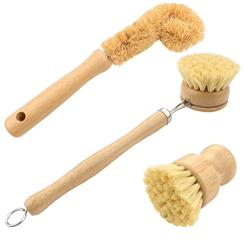 Roellgs 3 sets of natural dish washing brushes, 2 natural plant pot brushes+1 plant coconut bottle brush, environmental friendly wooden kitchen cleaning brush, applicable to bowls, pots, basins