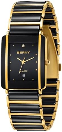 BERNY Men's Quartz Watch Rectangular Case Ceramic Band Waterproof 3ATM Valentine's Gift for Men