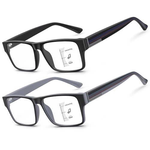Missfive 2 Pack Unzerbrechlich Gleitsichtbrille Herren TR90 Dicker Rahmen multifokale lesebrille Blaulichtfilter Gleitsicht Lesebrille (Schwarz&Grau, Nähe-Mittlere Entfernung, 2.0x)