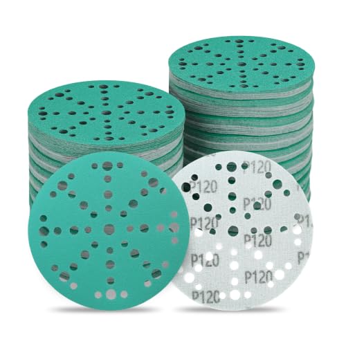 Image of 6 Inch 49 Hole Wet Dry P120 Grit Sanding Discs - 50 Pack Box | Fits Festool ETS / RO 150 Sanders, Zirconia Heavy-Duty Hook & Loop Film Sandpaper for Wood, Auto, Metal, Paint, Body & More
