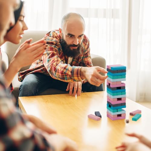 Relaxdays Wackelturm, Holzturm Spiel farbig, 54 Holzklötze mit Würfel, Geschicklichkeitsspiel, HBT 26,5x7,5x7,5 cm, bunt