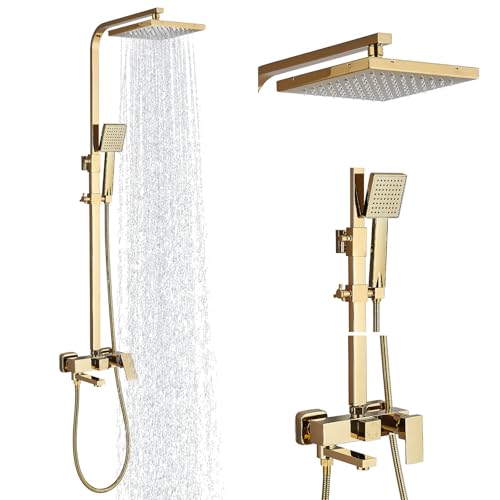 Onyzpily Ensemble de douche avec système de rangement à 3 fonctions - douche à effet pluie, douchette et mélangeur - doré