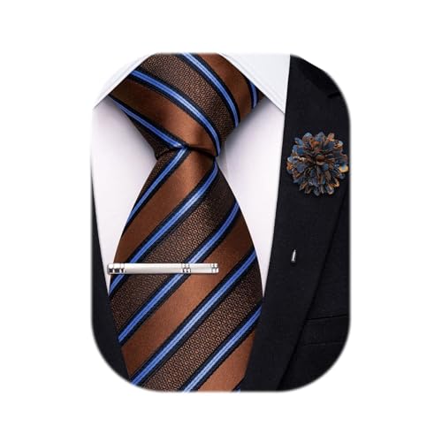 Image of Hi-Tie 63 inches Striped Paisley Extra Long Ties for Men Silk Necktie with Lapel Pin Tie Clip Big and Tall Men Formal Wedding