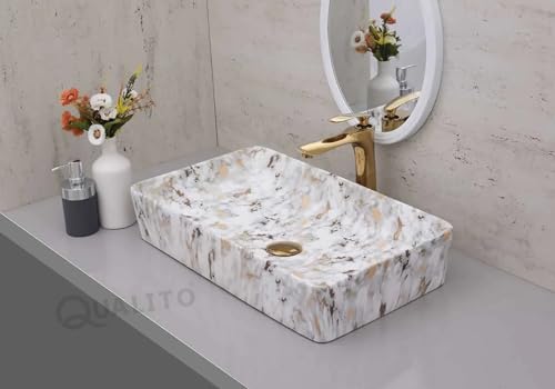 Image of QUALITO Designer Table Top Wash Basin for Bathroom, Living Room, Hall, Dinning Room | Big Size Ceramic Vessel Sink /Basin | Glossy Finish Marble Vanity Basin (24x14x5 Inch, Luxury)