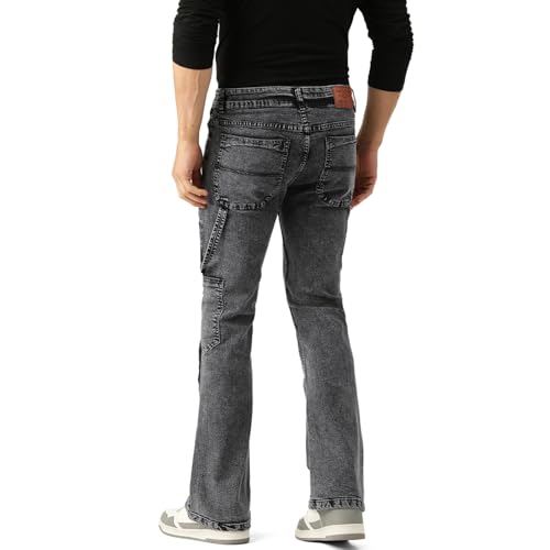 Image of PARIS HAMILTON Men Bootcut Fit Carpenter Style Color Blocked Bellbottom Heavy Fade Charcoal Grey Stretchable Denim Jeans 28 inch