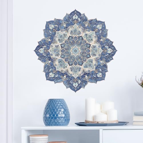 RoyoLam Zen Blue Floral Mandala Wall Decals Removable Boho Vinyl Stickers for Meditation Living Room and Yoga Space Floral Decor Peel and Stick Wall Art