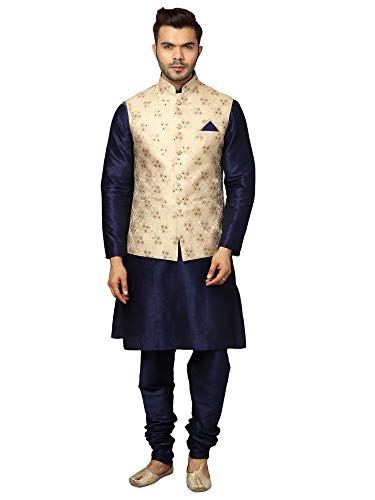 Image of Uri and MacKenzie Men's Silk Blend Kurta Churidar Pyjama with Stylish Nehru Jacket