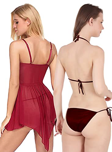 Image of Love Maker Lace Net Stylish Women Nightwear with Cotton Bra Panty Set for Women, Non Padded Bra Panty Set for Women & Night Wear Honeymoon Nighty for Women.