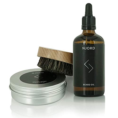 NJORD Beard Kit, Set de Cuidado Barba Hombre con Champú Nutritivo (75 g), Aceite Barba Hidratante (100 ml) y Cepillo Barba de Uso Diario, 3 unidades