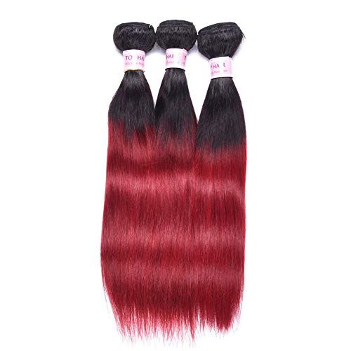 Aigemei Hair Malaysian Ombre Burgundy Hair Extensions Black To Red Straight Weave Ombre Weaves Two Tone (3 Bundles 10 12 14) 50g/Bundle