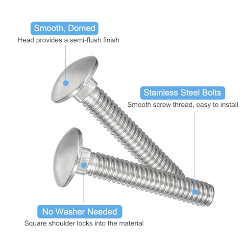 Image of uxcell 1 /4-20x1-1 /4 Carriage Bolt, 10pcs Round Head Square Neck Screws, 304 Stainless Steel, Fully Threaded, Silver
