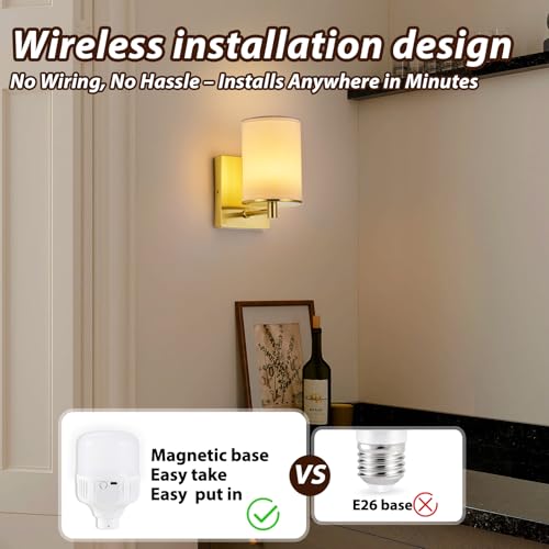 Image of Battery Operated Wall Sconce Set of Two,13 RGB Colors Dimmable Rechargeable Wall Sconces with Remote Control,Wall Lights with Cylinder White Fabric Shade for Bedroom Living Room
