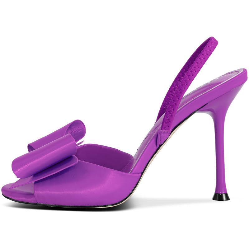 Image of Satin High Heels Slingback Open Toe Mules Sandals Bow Stiletto Sexy Heels Comfortable Wedding Party Shoes