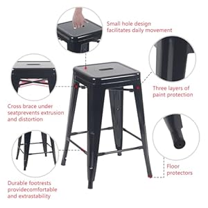 YOUNIKE Metal Barstools Set of 4 Counter Height Bar Stools 24 Inches Indoor Outdoor Patio Home Kitchen Dining Stool Modern Industrial Backless Stackable Bar Chair Black