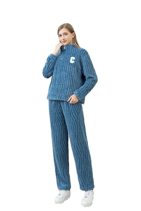 Winter Thermal Pajama Set for Women Fleece Material(Blue)-picture-11