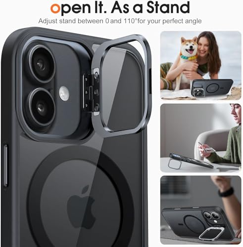 Image of VONZEE Clear Camera Kickstand Case for iPhone 16, Built-in Adjustable Camera Stand, Clear Magnetic Mag-Safe Shockproof Classic Series Phone Cover (Black)