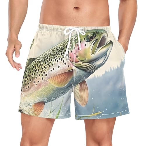 Men's Swim Trunks Closeup Trout Water, Quick Dry Beach Board Shorts with Liner, Swimwear Bathing Suits S