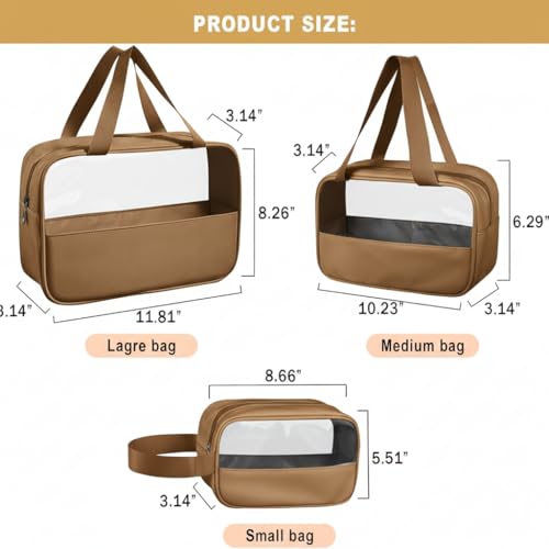 Image of KBS Toiletry Kit Cosmetic Makeup Storage Organizer Clear Styilish Wash Bag Pouch Set of 3 for Travel Luggage Transparent with Metal Zipper Gift for Men Women Girls (Brown)