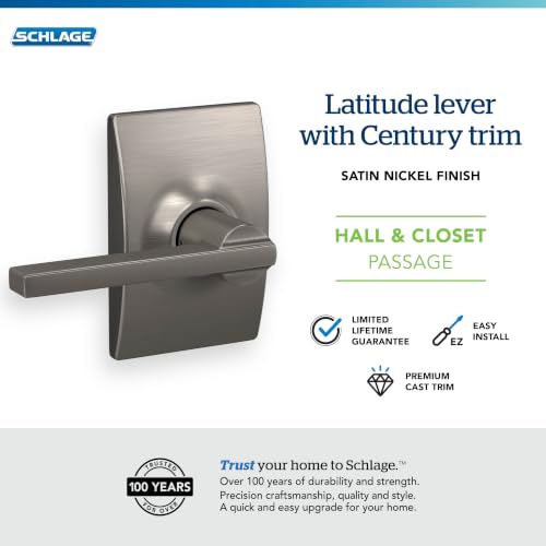 Image of SCHLAGE Latitude Hall /Closet Passage Door Handle, Reversible, Satin Nickel | Hall or closet lever door handle with no lock, Easy to install, Certified durability, Universal fit