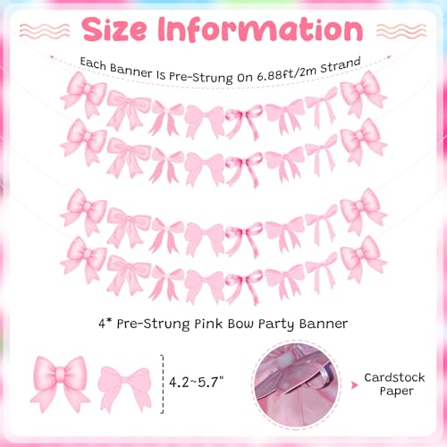 4Pcs Pink Bow Garland Banner, Pre Strung Pink Bow Banner Bow Party Decortions...