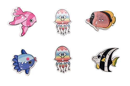 Wooden Buttons,Cartoon Fish-Shaped Pattern Decorative Button,Novelty Mixed Round 2 Holes Buttons 25-30Mm Pack Of 50 (Multicolored-Fish) #TOP1